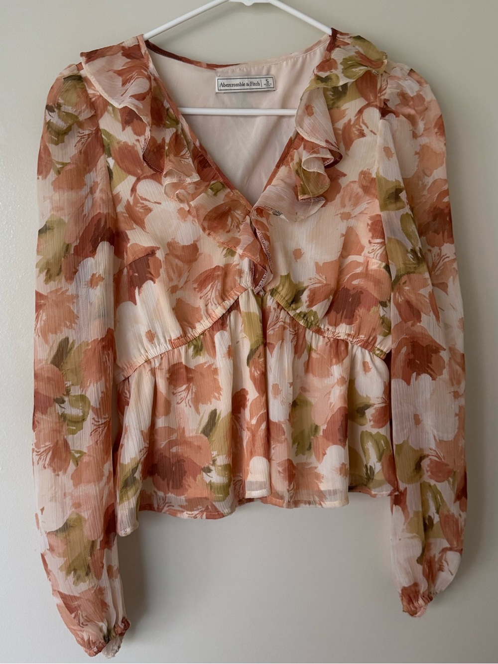 Abercrombie & Fitch Peach and Olive Floral Ruffle V-Neck Blouse